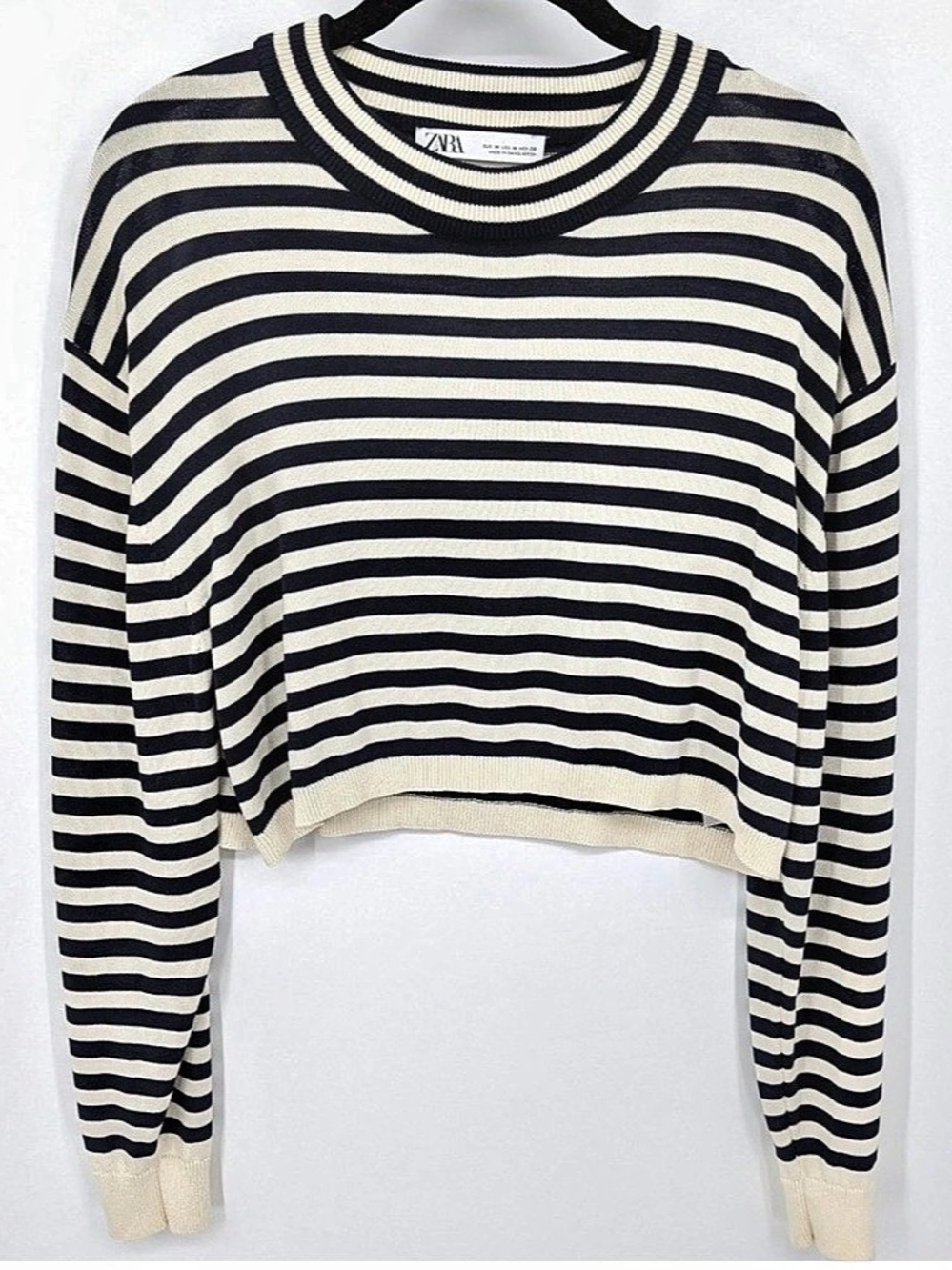 Zara Striped Cropped Sweater in Blue & Cream